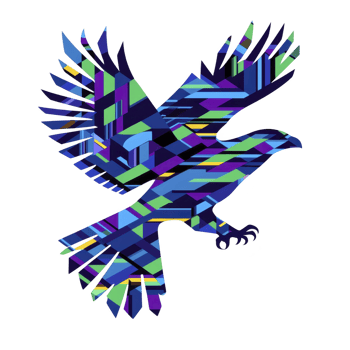 vibrant, geometric bird illustration features colorful mosaic pattern with shades of blue, green, and purple, creating dynamic and artistic representation of bird in flight png