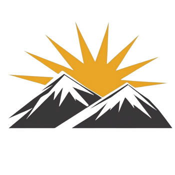 stylized illustration of mountains with bright yellow sunburst rising behind them, symbolizing adventure and new beginnings. design is simple yet impactful png