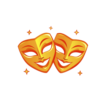 image features two golden theatrical masks, one smiling and one frowning, symbolizing comedy and tragedy in theater. masks are surrounded by small stars, adding whimsical touch png
