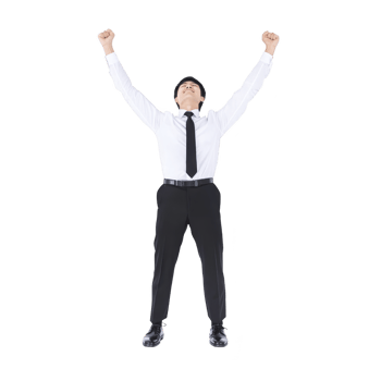 man in white shirt and black tie stands with arms raised in triumph, expressing joy and success. He wears black pants and shoes, conveying professional appearance png