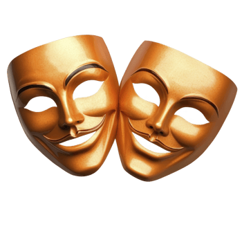 Two golden theatrical masks, one smiling and one frowning, symbolize duality of comedy and tragedy in theater. shiny metallic finish adds dramatic and artistic flair png