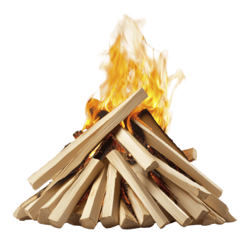 Campfire with bright flames burns atop neatly arranged stack of wooden logs, creating warm and inviting atmosphere png