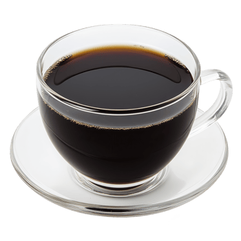 Clear glass cup filled with black coffee sits on matching saucer, showcasing rich, dark liquid. simplicity and elegance of glassware highlight coffee deep color png