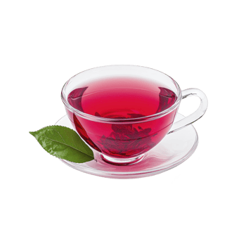 Clear glass cup filled with vibrant red herbal tea sits on matching saucer, accompanied by fresh green leaf, creating refreshing and inviting scene png