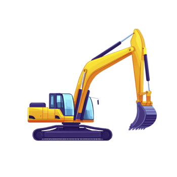 Bright yellow excavator with large arm and bucket is depicted against transparency background, showcasing its robust design and construction capabilities png