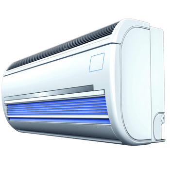 Sleek, modern wall mounted air conditioner with blue accent, designed for efficient cooling in residential or commercial spaces. unit features streamlined design png