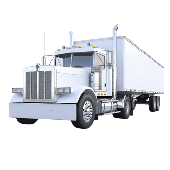White semi truck with large trailer is depicted in clean, minimalist style. truck is shown from front side angle, highlighting its robust design and chrome details png