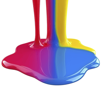 Vibrant streams of red, yellow, and blue paint merge into colorful puddle, creating visually striking and dynamic abstract art piece png