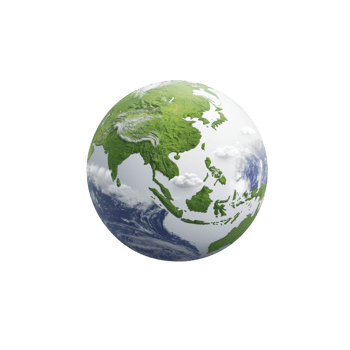 3D rendering of Earth showcasing Asia, with green landmasses and blue oceans, surrounded by white clouds, symbolizing global connectivity and environmental awareness png