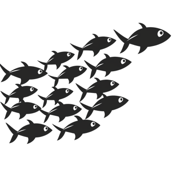 School of fish swimming together in coordinated formation, showcasing unity and movement in ocean. fish are depicted in simple, monochrome style, emphasizing their collective motion png