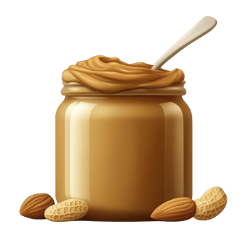 Jar of creamy peanut butter with spoon inside is surrounded by peanuts and almonds, showcasing delicious and smooth texture png