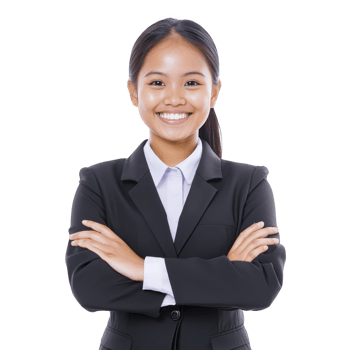 Confident young woman in business suit stands with arms crossed, smiling warmly. She exudes professionalism and positivity, ideal for corporate or business contexts png