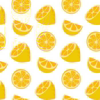 Bright yellow lemon pattern featuring sliced and whole lemons on a white background for fresh decor vector