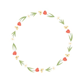 Spring Floral Wreath with Tulips and Butterflies Pastel Circle Frame vector