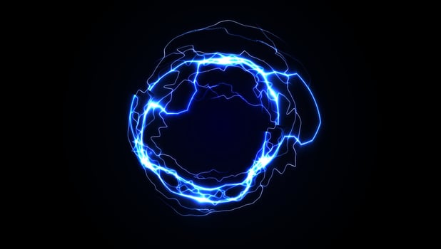 Electric Energy Circle with Glowing Blue Lightning Ring on Dark Background. Futuristic Tech Power Effect for Sci-Fi or Gaming Design. Illustration. vector