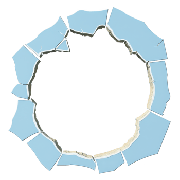 Circular pattern of broken blue tiles forms ring, creating dynamic and abstract design. jagged edges and varying shapes of tiles add texture and interest to composition png