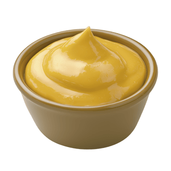 Small beige bowl filled with smooth, creamy yellow mustard, showcasing its glossy texture and rich color. mustard is swirled into peak, highlighting its thick consistency png