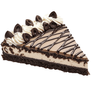 Delicious slice of chocolate mousse cake with rich chocolate crust, topped with whipped cream and chocolate curls, drizzled with chocolate sauce png