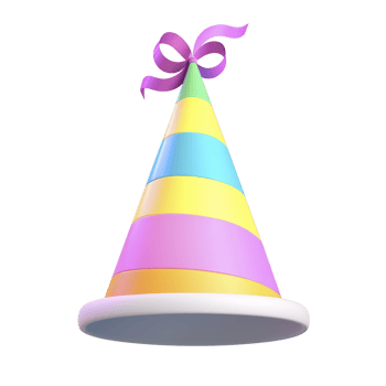 Colorful party hat with pastel stripes and ribbon on top, perfect for celebrations and festive occasions. hat features playful design with mix of pink, yellow, blue, and purple colors png