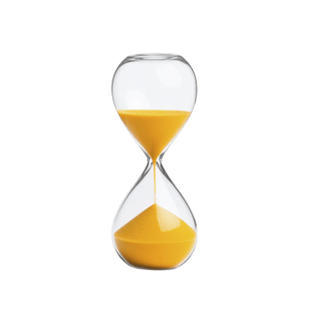 Clear glass hourglass with vibrant yellow sand slowly trickling down, symbolizing passage of time. elegant design and bright color create striking visual contrast png