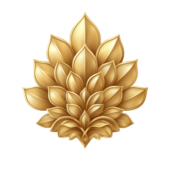 Golden lotus emblem with intricate petal design, symbolizing elegance and purity. symmetrical arrangement and metallic sheen create luxurious and artistic appearance png