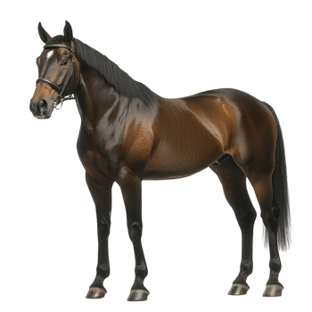 Majestic brown horse stands gracefully, showcasing its sleek coat and strong build. horse wears bridle, highlighting its readiness and elegance png