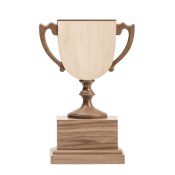 Wooden trophy with classic design, featuring smooth finish and elegant handles, stands on sturdy base, symbolizing achievement and excellence png