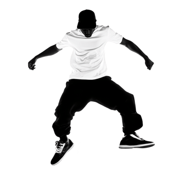Silhouette of person in dynamic dance pose, wearing white t shirt and black pants, conveys energy and movement. figure appears to be mid jump, showcasing street dance style png
