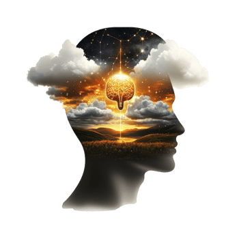 Silhouette of human head filled with glowing brain and clouds, symbolizing creativity and imagination. scene includes sunset over landscape, blending nature and thought png