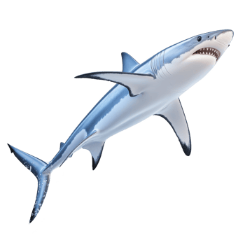 Realistic illustration of great white shark swimming in dynamic pose, showcasing its powerful body and sharp teeth. shark sleek, streamlined form is highlighted against plain background png