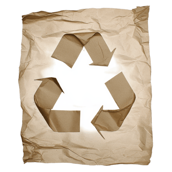 Crumpled brown paper with cut out recycling symbol in center, symbolizing sustainability and eco friendly practices. paper texture adds rustic feel png