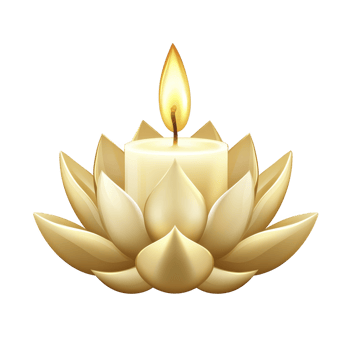 glowing candle sits elegantly within lotus shaped holder, symbolizing peace and tranquility. golden petals surround flame, creating serene and calming atmosphere png