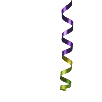 vibrant, multicolored spiral ribbon hangs gracefully, showcasing blend of purple, green, and yellow hues. ribbon elegant twist adds festive and decorative touch png