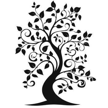 stylized black silhouette of tree with swirling branches and leaves creates elegant and artistic design. intricate pattern adds touch of whimsy and sophistication png