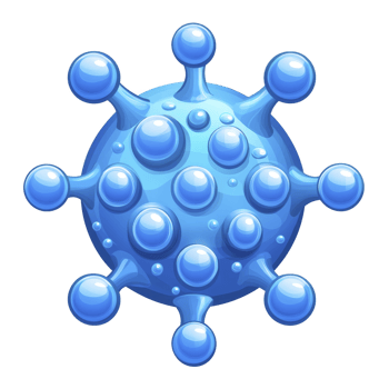 3D illustration of blue virus particle with spherical shape and protruding spikes, resembling microscopic organism. design is stylized and vibrant, conveying sense of scientific curiosity png