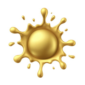 shiny golden splash with smooth, round center and dynamic droplets radiating outward, creating sense of motion and energy. metallic sheen adds luxurious and vibrant touch png