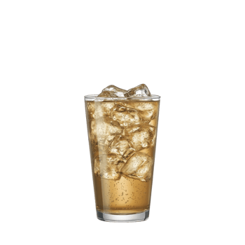 Refreshing glass of iced tea filled with ice cubes, showcasing golden brown hue. drink is served in clear glass, highlighting its cool and inviting appearance png