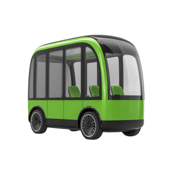 Sleek, modern green autonomous shuttle bus with large windows and compact design, ideal for urban transportation. futuristic vehicle features minimalist style and eco friendly appeal png