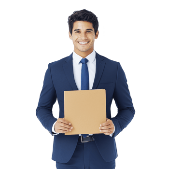Confident man in blue suit holds folder, smiling warmly. professional attire and positive demeanor suggest business or corporate setting, conveying sense of success and approachability png