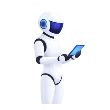 Humanoid robot with sleek white design is holding tablet, showcasing advanced technology and futuristic innovation. robot blue visor adds modern touch png