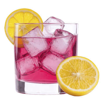 Refreshing pink cocktail with ice cubes in glass, garnished with lemon slices, evokes sense of summer relaxation png