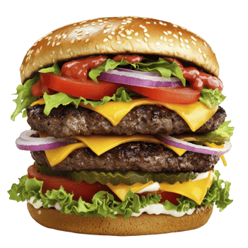Delicious double cheeseburger with lettuce, tomato, onion, and pickles, topped with ketchup and mayonnaise, all in sesame seed bun png
