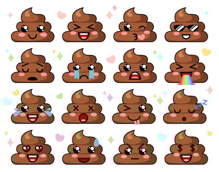 Kawaii poop emoji set. Collection of with different moods. Set of poo with different expressions of faces. illustration isolated on white background vector