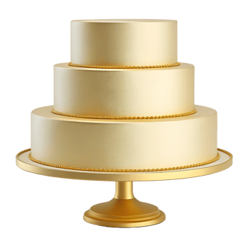 Elegant Three Tiered Wedding Cake on Gold Stand A luxurious creamy golden dessert perfect for special celebrations Ideal for wedding or anniversary invitations png