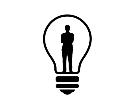A silhouette of a person stands prominently inside a light bulb, symbolizing the concept of ideas and innovation. cutouts png