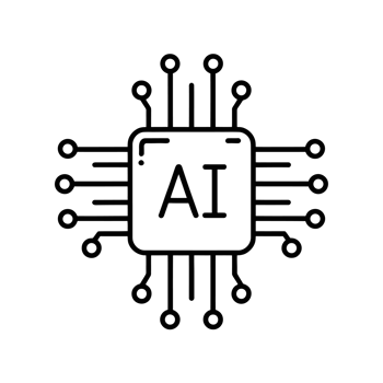 A stylized computer chip design features the letters AI at its center, surrounded by interconnected lines and nodes. cutouts png