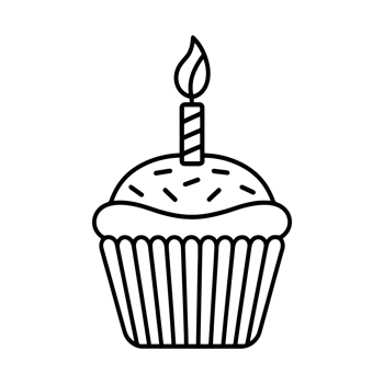 A simple black line drawing depicts a cupcake with a single lit candle on top. cutouts png