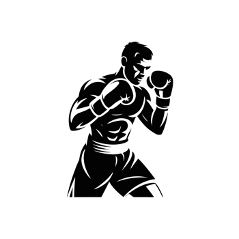 A stylized black silhouette shows a boxer in a fighting stance, emphasizing muscle definition and movement. cutouts png
