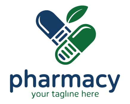 Modern pharmacy logo featuring interconnected capsules and a leaf. vector