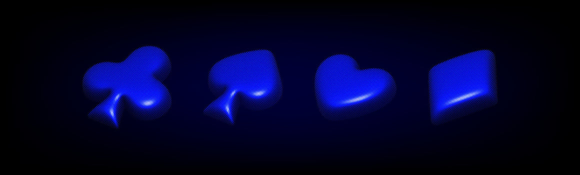 Glowing blue Suits of Playing Cards in Blue Neon Light on the black background. Cyber Design in y2k style and 90s . 3D Rendered Card Suits Clubs, Spades, Hearts, and Diamonds in halftone style vector